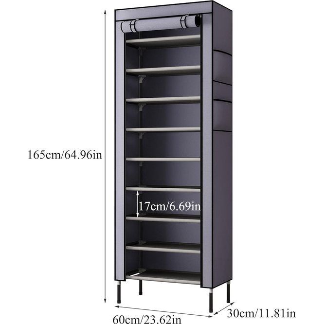 10 lagen extra dikke staven stevige schoenenkast opbergorganizer standaard 58 x 28 x 170 cm met extra dikke Oxford-stof stofdichte hoes biedt plaats aan maximaal 30 paar schoenen grijs