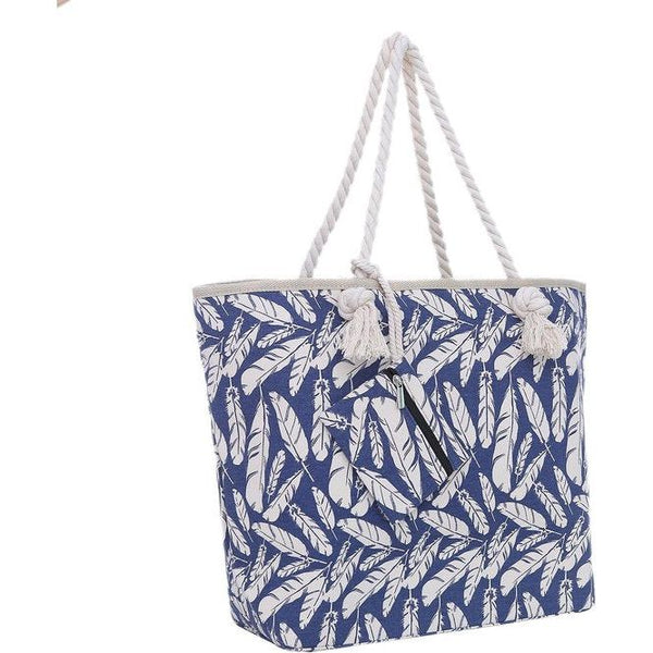 Grote strandtas met ritssluiting 58 x 38 x 18 cm verenopdruk shopper schoudertas strandstijl, blauw
