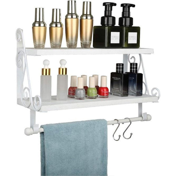 Wandrek, zwevend hangrek, 2 etages, kruidenrek, keukenrek voor keuken, wandrek, organizer, badkamerrek met 8 afneembare haken, voor badkamer, woonkamer, hal