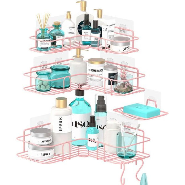 Roze doucheplank zonder boren, shampoohouder voor douche, 4-delige badkamerrekset, roestvrij staal, hoekdoucheplank met 2 haken en zeepbakje voor toilet en slaapzaal