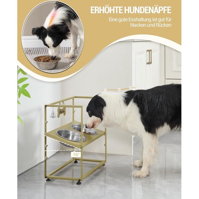 Verhoogde hondenbakken, 5 in hoogte verstelbare voerbakken, verhoogde hondenbakstandaard met 2 roestvrijstalen bakken, gekanteld ontwerp, eenvoudige installatie, met naamplaatje en bel, goud