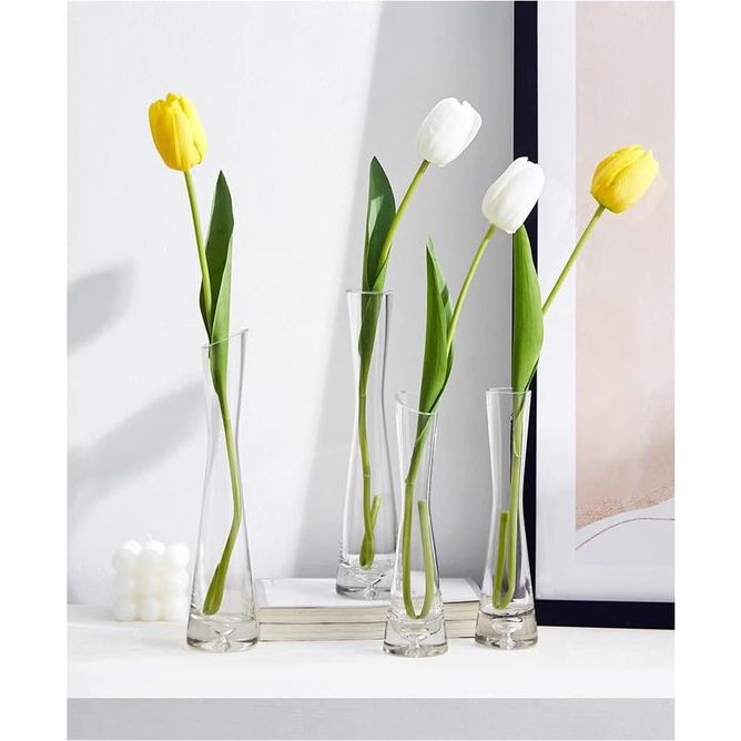 20 cm kleine bloemenvaas, hoge dunne glazen vazen met smalle hals, heldere mini-mond vazen met enkele steel voor decoratieve huisdecoratie, woonkamer, kantoor centerpieces, transparant.