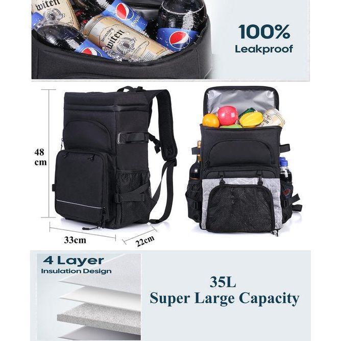 Koelrugzak, 35 L, thermische rugzak, koeltas, waterdichte picknickrugzak met flesopener voor picknick, kamperen, strand, wandelen, reizen, winkelen