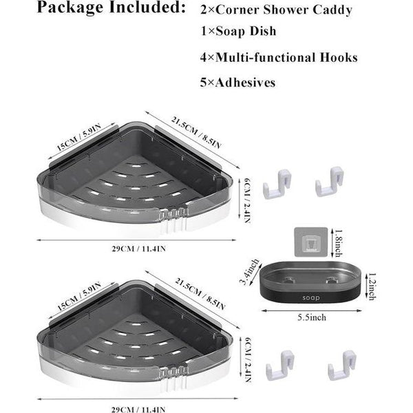 Hoekdouche-caddy, set van 2 kunststof lijmplanken voor de badkamer met zeepbakje en 4 haken, wandgemonteerd doucherek voor de douche en keukenopslag
