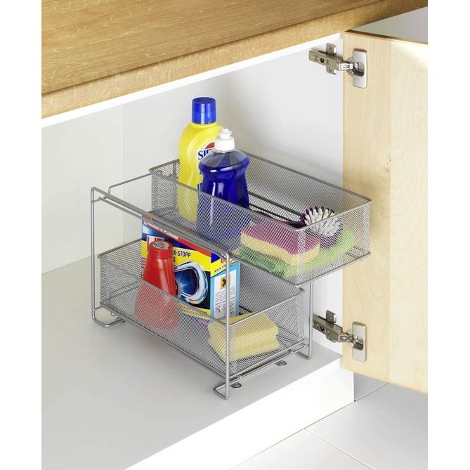 Gioma Ladekast, hoogwaardige organizer met 2 etages en mand uittrekbaar voor keukenkast of werkblad, keukenrek van gepoedercoat metaal, 35 x 33,5 x 18,5 cm, zilver-mat