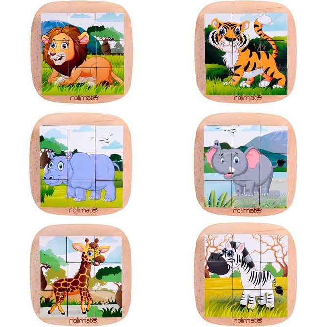 Houten fotokubus 3D houten puzzelspellen 6 in 1 dierenmotieven met 9 dobbelstenen Houten speelgoed voor kinderen van 2 3 4 jaar Montessori voorschools educatief speelgoed, 16x16 cm, kleurrijk