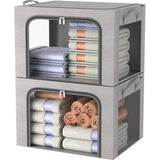 2 stuks opbergdozen voor kleding, opvouwbare kledingopbergbox met metalen frame en 3 ramen, opbergtas voor dekbedden, dekens en kleding, grijs (66 liter)