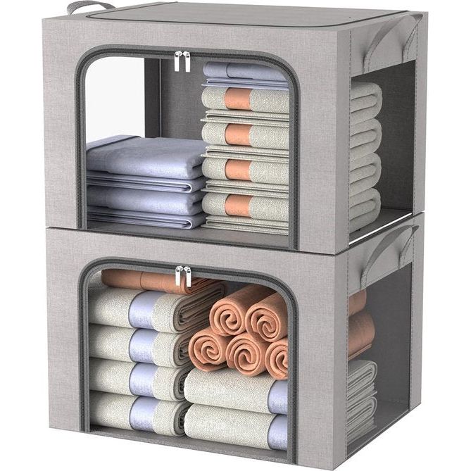 2 stuks opbergdozen voor kleding, opvouwbare kledingopbergbox met metalen frame en 3 ramen, opbergtas voor dekbedden, dekens en kleding, grijs (66 liter)