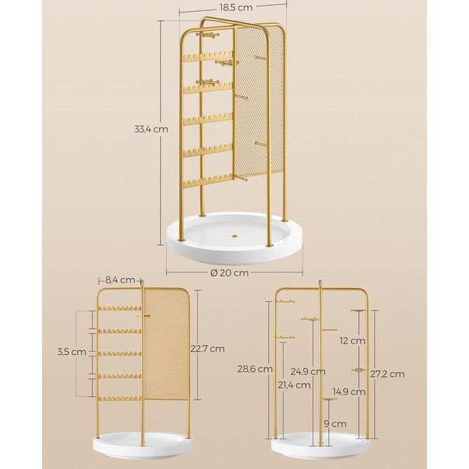Draaibare sieradenstandaard 4 aparte secties Metalen frame Sieradenopslag voor kettingen, armbanden, oorbellen, oorknopjes, cadeaugoud