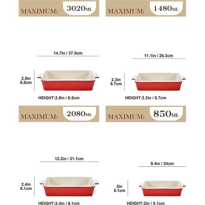 Set porseleinen ovenschaal bakvorm; 4-delig, karmijnrood