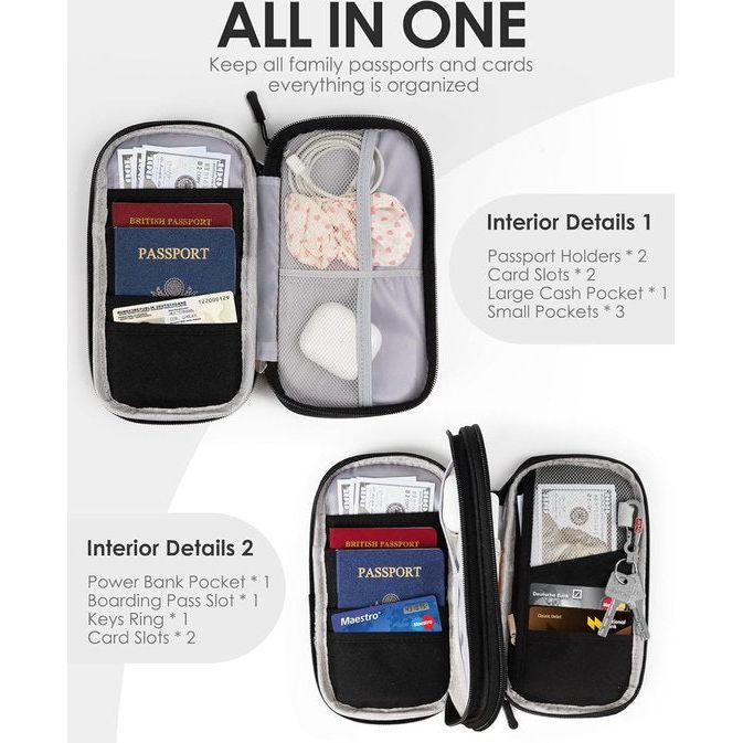 Paspoorttas, RFID Cross-Body paspoortorganizer, waterdichte portemonnee met 3 lagen voor reizen, voor het dragen van ID-kaarten, instapkaart, mobiele telefoon, powerbanks en kaarten, zwart, casual