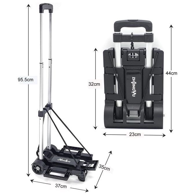 Steekwagen opvouwbaar, aluminium trolley, mini transportwagen bagagewagen, opvouwbare boodschappentrolley, inklapbaar, 2 wielen, uitbreidbaar, groot chassis, opvouwbaar in rugzak