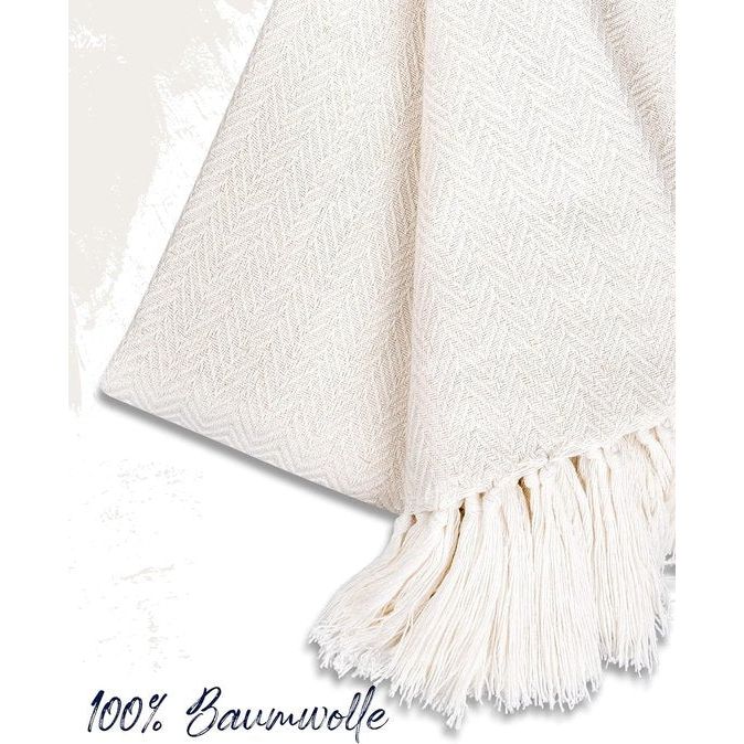 Premium sprei met franjes, 100% katoen, 220 x 240 cm, XXL, visgraatpatroon, zomerdeken, katoenen deken als bedsprei, bankdeken, bankdeken (crème)