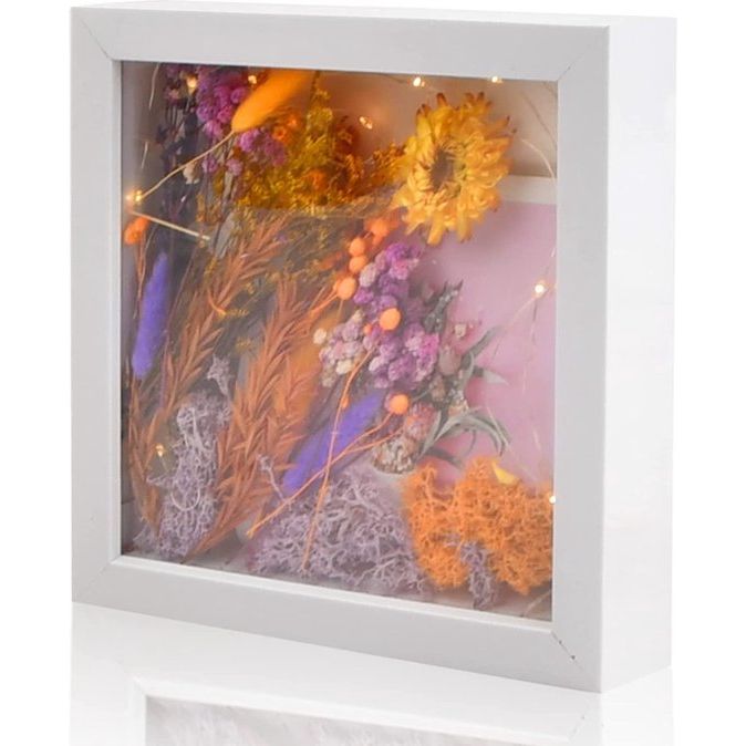 3D-fotolijst om te vullen, fotolijst diep 20 x 20 cm voor objecten tot 3 cm, objectlijst met onbreekbaar acrylglas, 3D-lijst voor decoratieve muur/cadeau, met 3M LED-kerstverlichting (wit)