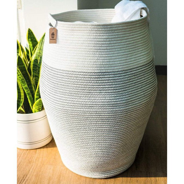 Wasmand, grote opbergmand, gevlochten katoenen touw voor knuffelige kleding in de bijkeuken, 65 cm hoog, wit met zwarte naad