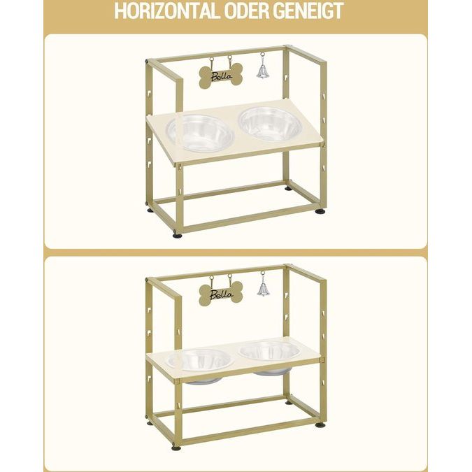 Verhoogde hondenbakken, 5 in hoogte verstelbare voerbakken, verhoogde hondenbakstandaard met 2 roestvrijstalen bakken, gekanteld ontwerp, eenvoudige installatie, met naamplaatje en bel, goud