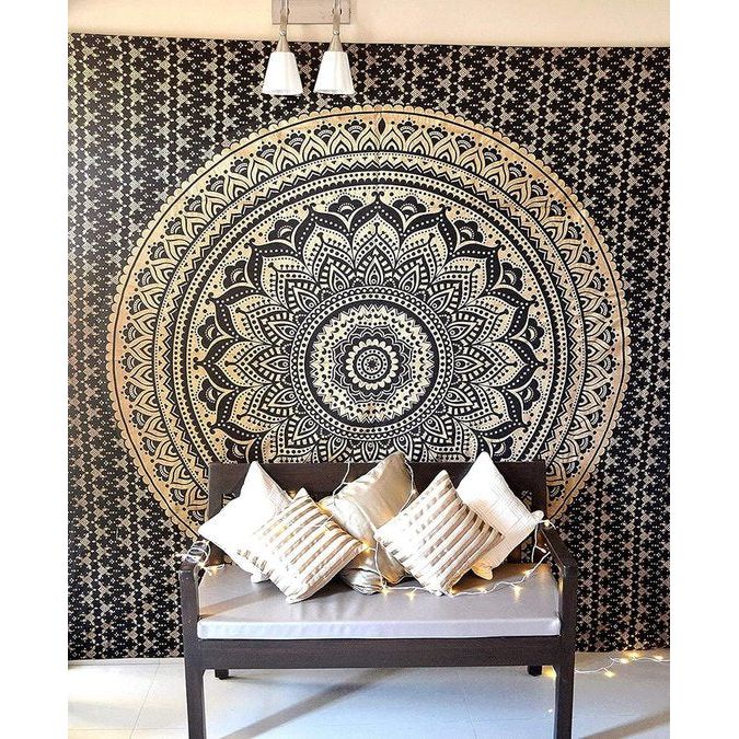 Wandtapijt mandala, boho wanddecoratie, zwart goud esthetische kamer decoratie, wanddoek psychedelisch wandkleed 132x152 cm