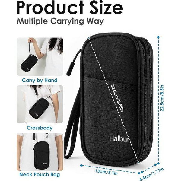 Paspoorttas, RFID Cross-Body paspoortorganizer, waterdichte portemonnee met 3 lagen voor reizen, voor het dragen van ID-kaarten, instapkaart, mobiele telefoon, powerbanks en kaarten, zwart, casual