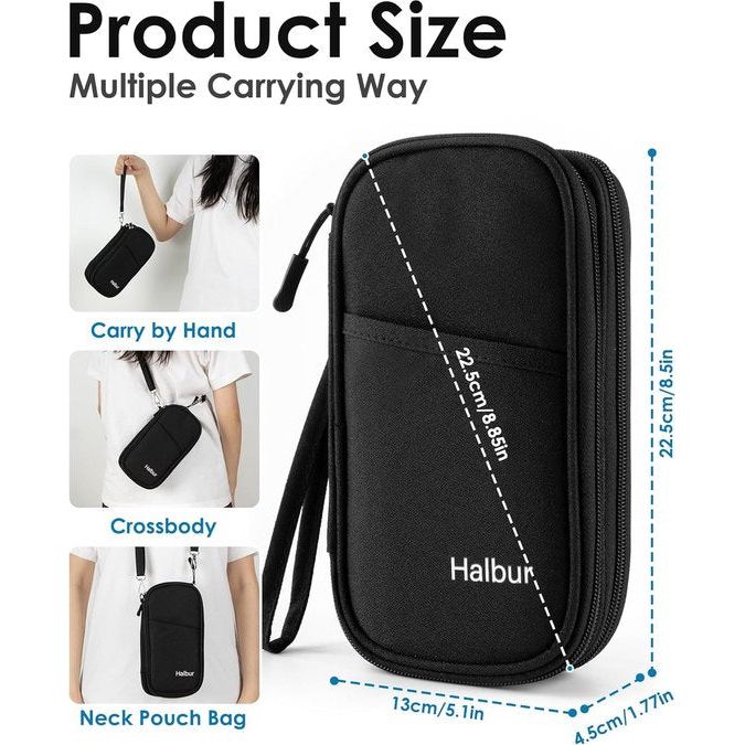 Paspoorttas, RFID Cross-Body paspoortorganizer, waterdichte portemonnee met 3 lagen voor reizen, voor het dragen van ID-kaarten, instapkaart, mobiele telefoon, powerbanks en kaarten, zwart, casual