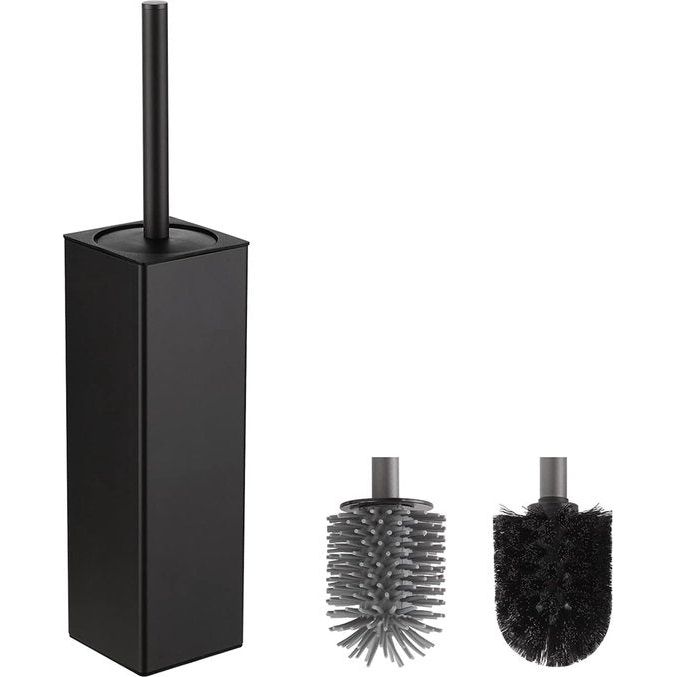 toiletborstels & houder zwart, metalen toiletborstel inclusief 2 opzetborstels, vrijstaande vierkante siliconen toiletborstel voor de badkamer