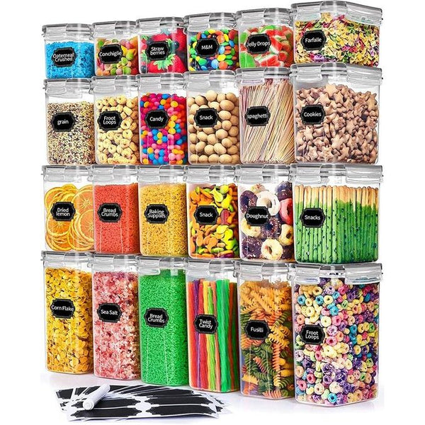 Set van 24 voorraadpotten, BPA-vrij, plastic opbergdoos met deksel, luchtdicht, graanopslagcontainer en voedselopslagcontainers, keukenopslag en organisatie