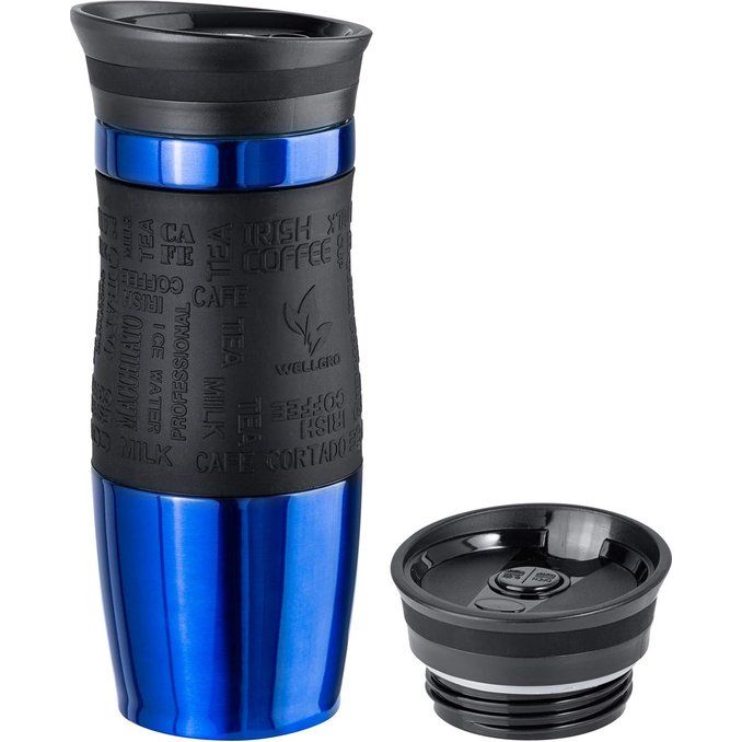 Thermobeker 400 ml + 1 extra deksel - roestvrij staal - siliconen soft-touch greep - BPA-vrij - thermosbeker dubbelwandig - reismok - koffiemok to go, kleur: blauw metallic