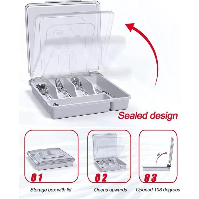 HIMAugbo bestekbak met deksel, draagbare bestekopslag, compacte bestekbak voor kamperen/reizen/tuin, 30*30*7cm, wit