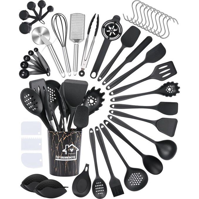 keukengereiset 43-delige siliconen keukengereiset kookgerei kookbestekset, hittebestendig kookgerei met bestekhouder, kookset met antiaanbaklaag keukengerei, zwart
