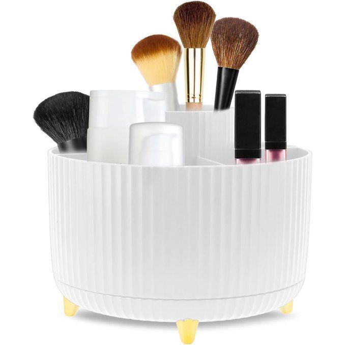 Make-up organizer, 360° roterende borstelorganizer Kaptafelorganizer, 5 compartimenten Cosmetische organizer Oogschaduwborstel Lippenstifthoes voor kaptafel, slaapkamer, badkamer, Wit