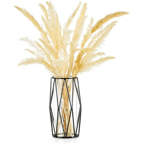 Glazen bloemenvaas met geometrische metalen plankstandaard, kristalheldere terrariumplantenbak, knopglasvazen voor bloemen, hydrocultuurplant, middelstuk voor bruiloft op thuiskantoor, zwart, 21,5 cm