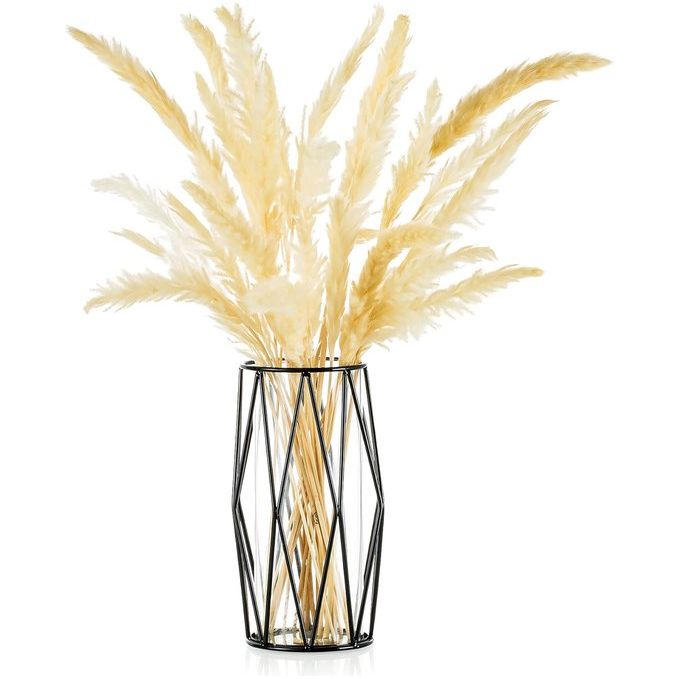 Glazen bloemenvaas met geometrische metalen plankstandaard, kristalheldere terrariumplantenbak, knopglasvazen voor bloemen, hydrocultuurplant, middelstuk voor bruiloft op thuiskantoor, zwart, 21,5 cm