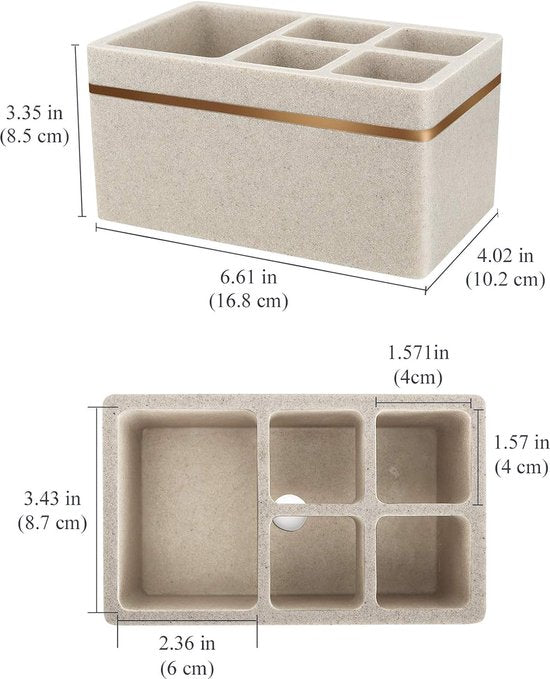 Tandenborstelhouder, 5 vakken, elektrische tandenborstelhouder met afvoergat, tandenborstelstandaard, hars, tandenborstelhouder voor badkamer, tandenborstelhouder voor tandpasta, zand, kaki