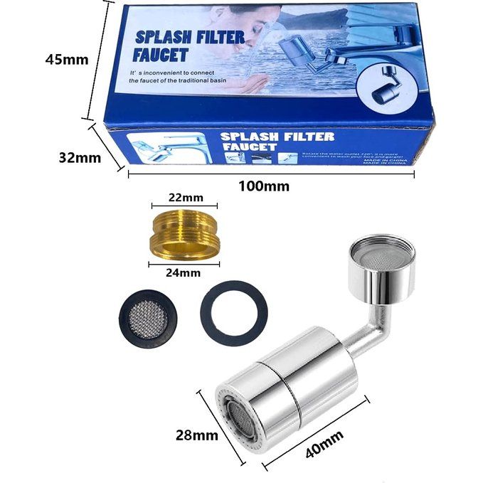 Universele spatfilterkraan, 720° draaibare waterafvoerkraan sproeikopadapter, keukenborrelkraan sproeikop met 4-laags gaasfilter en 2 O-ringventielen, lekvrij
