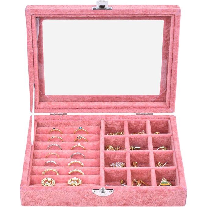 sieradenorganizerdoos, sieradendoos met glazen deksel, sieradendisplay, sieradenkoffer, sieradenkistje, sieradenlade voor halsketting, armband, ringen, oorbellen, sieraden (roze)