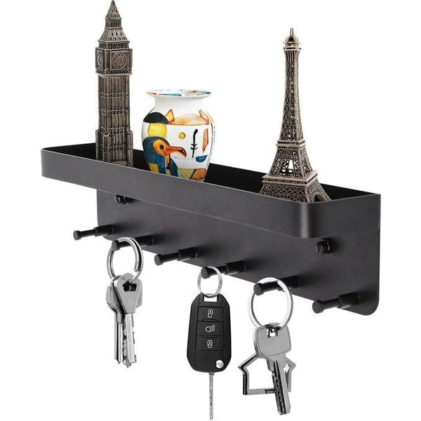 Karisky Sleutelhouder voor aan de muur, houten wandmontage sleutelrek met 6 stevige metalen haken voor tassen, jassen, paraplu's, 14 inch postorganizer voor thuisingang, decoratie, zwart en goud Karisky Sleutelhouder voor aan de muur, houten wandmontage sleutelrek met 6 stevige metalen haken voor tassen, jassen, paraplu's, 14 inch postorganizer voor thuisingang, decoratie, zwart en goud