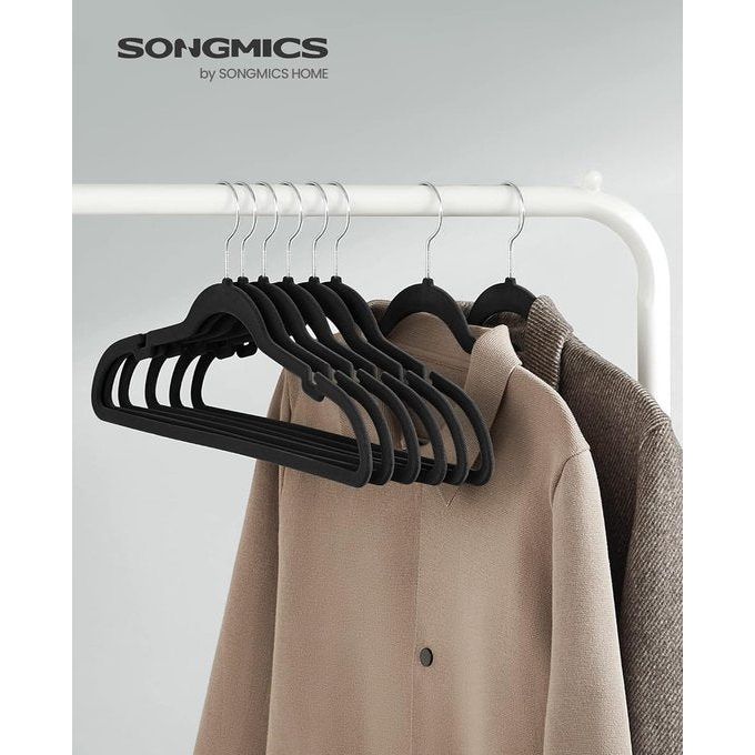 Kleerhangers fluweel, set van 30, antislip, met inkepingen op de schouders, brug voor broeken, 360° draaibare haak, ruimtebesparend, 0,6 cm dik, 43 cm breed, zwart