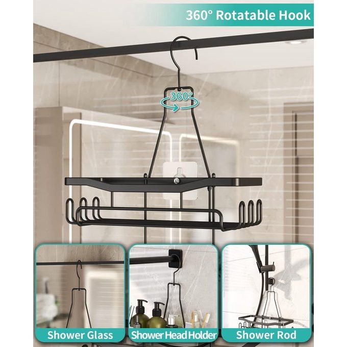 Hangend doucherek met scheerstandaard en zeephouder, doucherek om op te hangen met meerdere haken - Hoogwaardige douchemand om op te hangen, roestvrij staal, niet boren, zwart