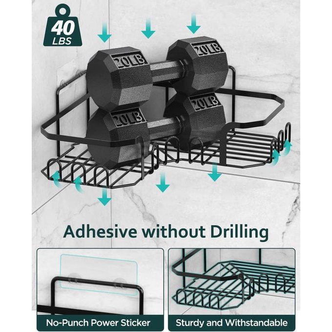 Doucheplank, doucheplank, zonder boren, driehoekige douchemand, hangend tot 10 kg draagvermogen, hoekrek, doucheplank, 4 stuks met 4 haken voor scheerapparaat, handdoek, borstel enz