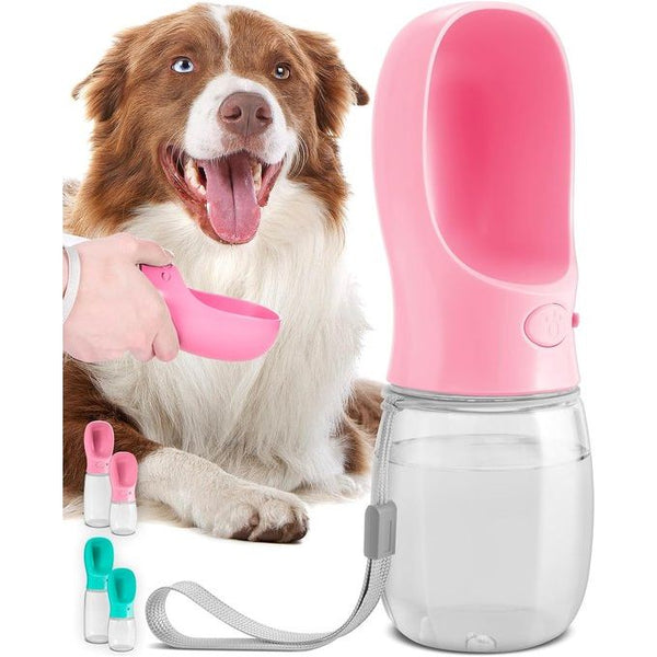 Hondenwaterfles, lekvrije draagbare puppy-waterdispenser met automatische voerbak voor huisdieren buiten, wandelen, reizen, voedselveilig plastic (350 ml, roze)