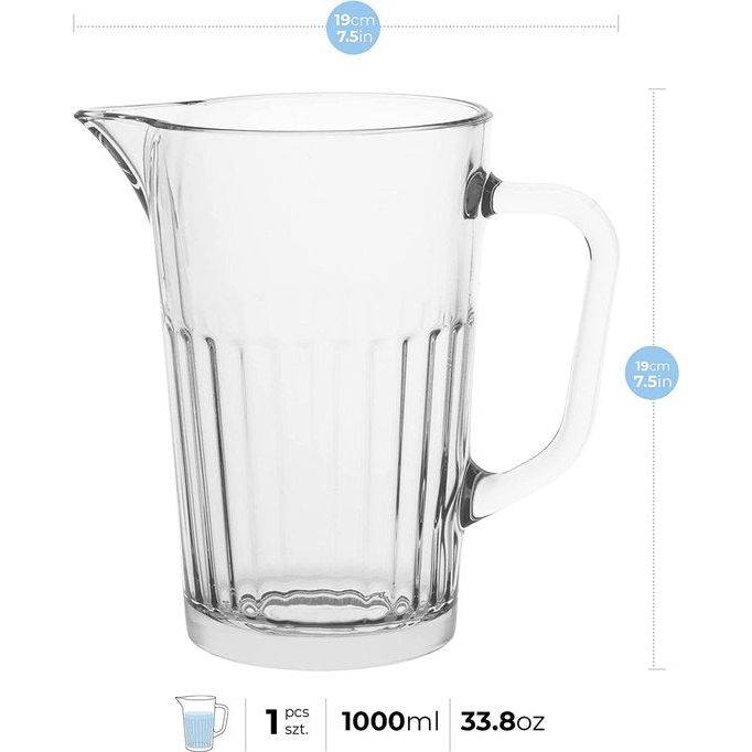 Glazen kruik 1L glazen waterkruik met handige handgreep voor sapmelk Sangria waterkaraf transparant glas | vaatwasmachinebestendig | Collectie Arvid | 19 cm hoog | Capaciteit 1000 ml