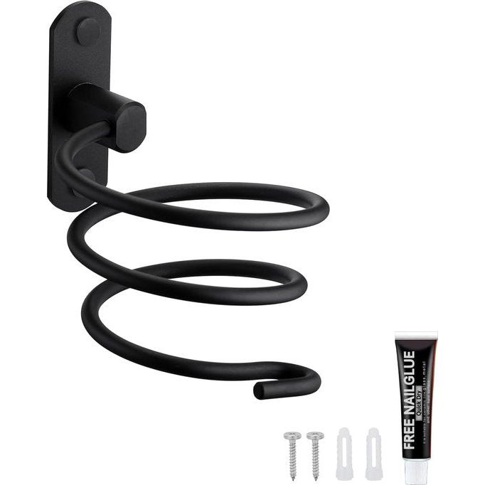 Föhnhouder, föhnhouder, föhnhouder, wandmontage, niet boren, zelfklevend, aluminium, met kabelhouder, zwart