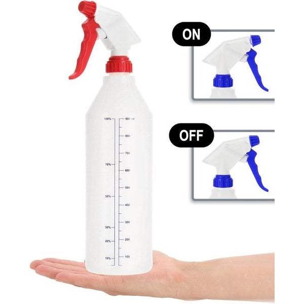 Universele sproeier, tuinsproeier voor minerale oliën, reinigingsmiddelen, zoutoplossingen, verdunde zuren, alkalische oplosmiddelen, zoutoplossingen en oplosmiddelen, rood/blauw/zwart, 900 ml