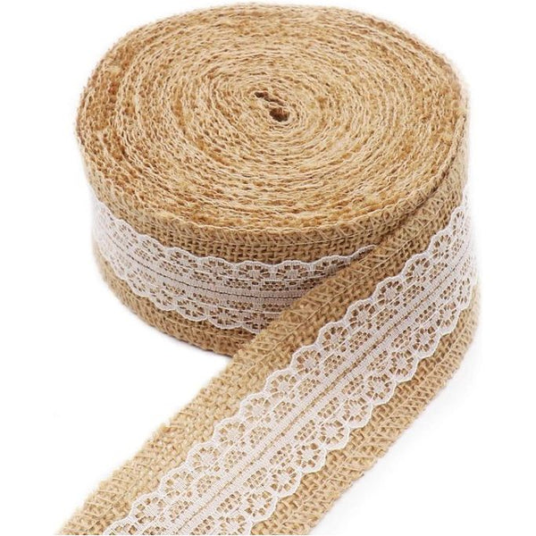 10 m natuurlijk jutelint kantlint, jutelint met wit vintage kant voor doe-het-zelf ambachten kerstdecoratie bruiloft feestdecoratie woondecoratie (5 cm breed)