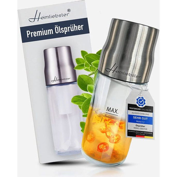 HEIMLIEBSTER® Pomp oliespuit – zeer fijne en sterke verstuiving voor alle oliën en azijn – oliespuitfles met roestvrij stalen deksel en nauwkeurige oliespray – premium oliesproeier voor spijsolie