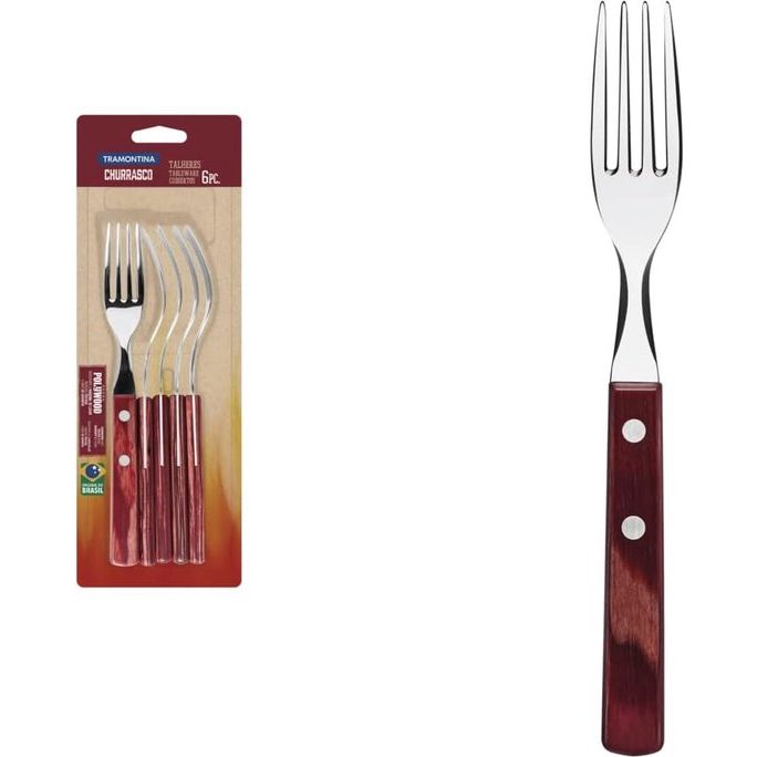 Steakvork pizzavork, set, 6-delig, roestvrij staal, FSC, rood houten handvat, 20