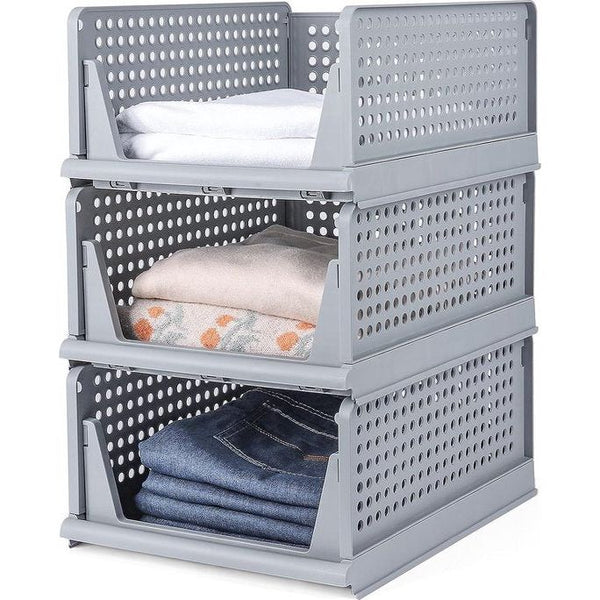 Ladebox, set van 3, stapelbare kledingkast organizer, rek opbergdoos, voor kleding keuken slaapkamer (grijs, groot: 43 x 33 x 19 cm)