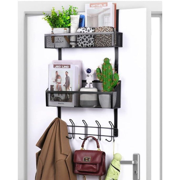 Deurhaken om op te hangen, 15 hangers Haken met 2 gaasmanden boven de deur opbergrek, kapstokken deur, zwarte mand voor kapstokken, deurhanger, hangende plank badkamer, hangende plank keuken