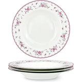 Set van 4 witte soepkommen van keramiek Ø 218 mm diep soepborden set van porselein, roze bloemen pastaborden