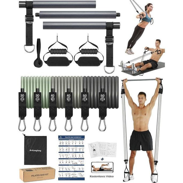 Fitnessbanden, pilatesbalset met 6 weerstandsbanden, 20/30/40 lbs of 10,9 kg, weerstandsbanden, verstelbaar en afneembaar, pilatesstang, handgrepen, deuranker