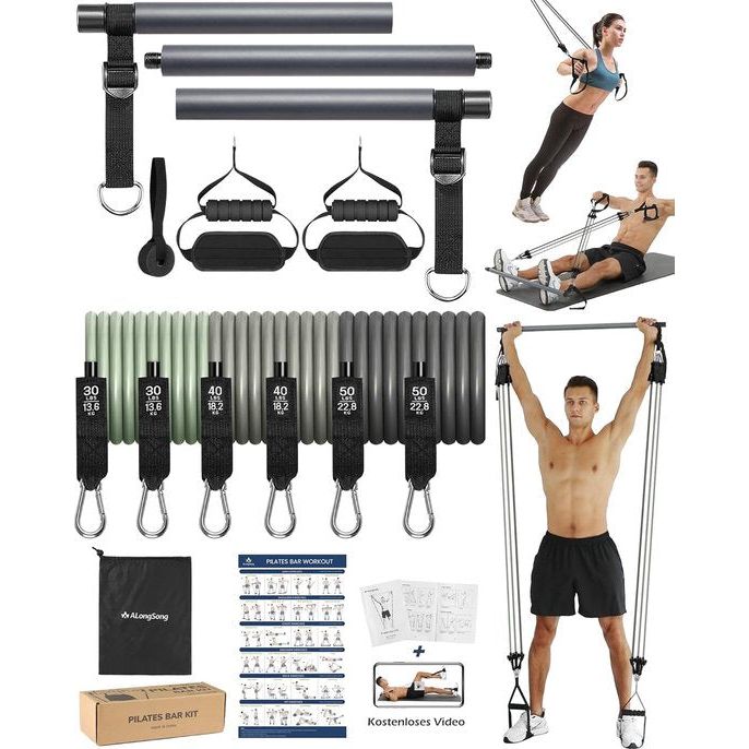 Fitnessbanden, pilatesbalset met 6 weerstandsbanden, 20/30/40 lbs of 10,9 kg, weerstandsbanden, verstelbaar en afneembaar, pilatesstang, handgrepen, deuranker
